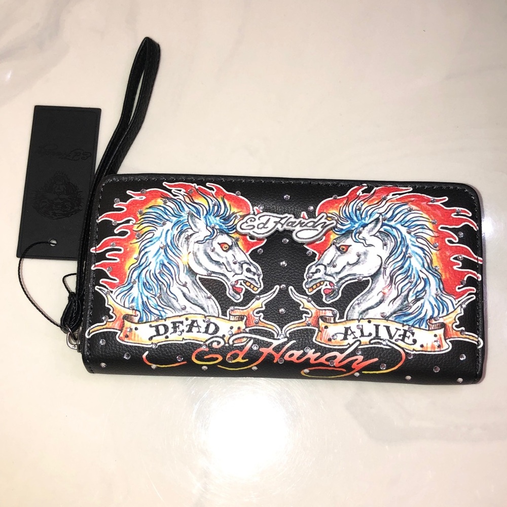 Ed Hardy Black Faux Leather ZA Wallet Dead Or Alive Horse Tattoo & Crystal NWT